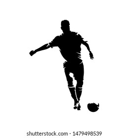 Soccer player kicking ball and scoring goal, abstract ink drawing vector silhouette. Isolated footballer