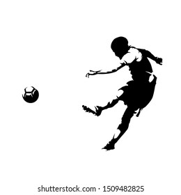 Soccer player kicking ball and scoring goal, abstract ink drawing vector silhouette. Isolated footballer, side view, comic style