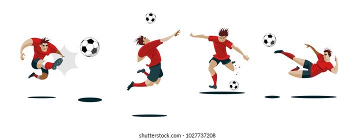 Soccer Player Kicking Ball. Set Collection of different poses. Vector Illustration