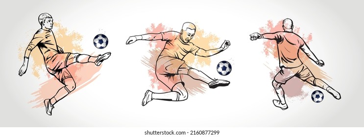 Soccer Player Kicking Ball Set Vector. Football Player set drawing
Illustration.