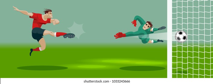 Soccer Player Kicking Ball in stadium and scores a goal. Light, stands, fans. Vector Illustration