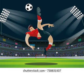 Soccer Player Kicking Ball in stadium. Light, stands, fans. Vector Illustration