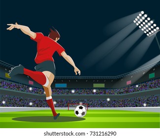 Soccer Player Kicking Ball in stadium. Light, stands, fans. Vector Illustration