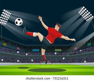 Soccer Player Kicking Ball in stadium. Light, stands, fans. Vector Illustration