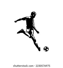 Soccer player kicking ball, vector silhouette, footballer logo, ink drawing, rear view vector isolated