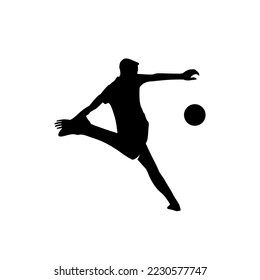 Soccer player kicking ball, vector silhouette, footballer logo, ink drawing, rear view vector isolated