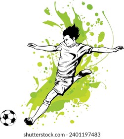 Un jugador de fútbol pateando una pelota. Ilustración del vector