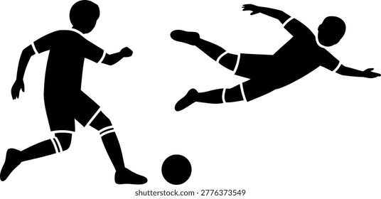 Soccer player kicking ball while opponent slides to block in action