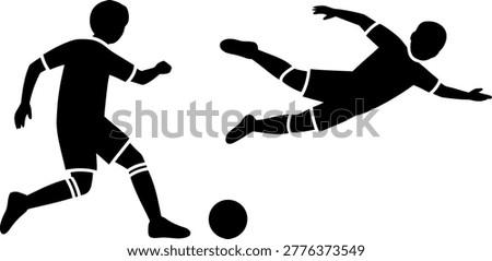 Soccer player kicking ball while opponent slides to block in action