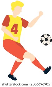 Soccer player kicking football ball character boy, flat cartoon vector illustration isolated on white background. Soccer or football game players collection.
