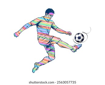 Soccer Player Kicking Football. A male playing soccer Hand drawn colorful illustration. Young man playing football on the field colorful line drawing on isolated background