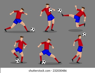 Soccer player kicking, passing, heading and shooting soccer ball poses. Six vector characters isolated on grey background.