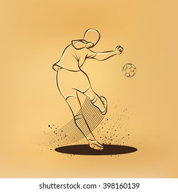 Soccer player kicks the ball. Back view. Vector sport retro drawing illustration.