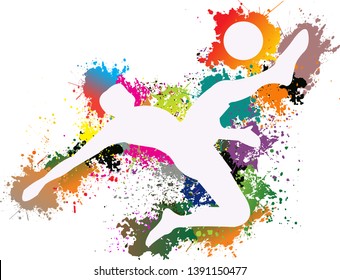 Soccer player kicks the ball, beautiful colors, drops ink splashes, logo, vector illustration, background.