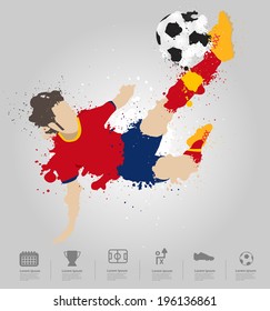 Soccer player kicks the ball, With colored splashes in stripe shape paint splatter design. Vector illustration modern template