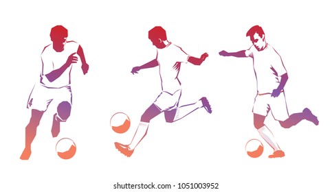 Soccer player kicks the ball. The colorful vector illustration with drops and spray.