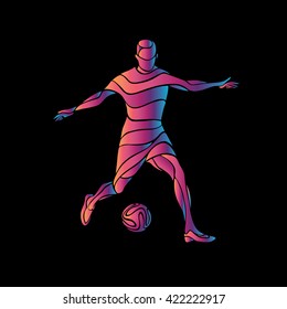 Soccer player kicks the ball. The colorful vector illustration on black background.