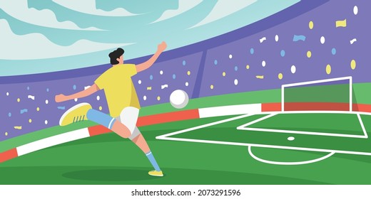 soccer player kicks the ball flat vector illustration design banner