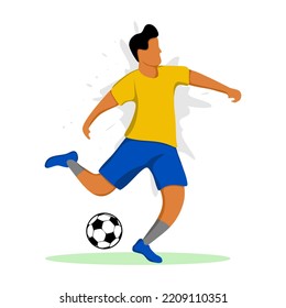 El jugador de fútbol patea una pelota. Ilustración de diseño plano