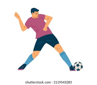 Soccer player kicks the ball with his leg, flat vector illustration isolated on white background. Male character in uniform plays professional football.