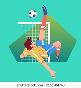 Soccer player kicks the ball into the goal, flat modern character vector illustration. soccer player trying to kick the ball towards the goal