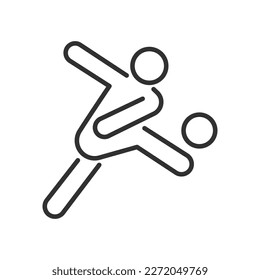 Soccer player kicks the soccer ball, linear icon. Line with editable stroke