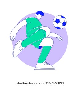 El jugador de fútbol patea pelota con fondo lila. Fútbol. Ilustración vectorial del juego deportivo en estilo plano con contorno. Golpeando a la pelota. Plantilla aislada de futbolista con uniforme verde. Arte de línea.