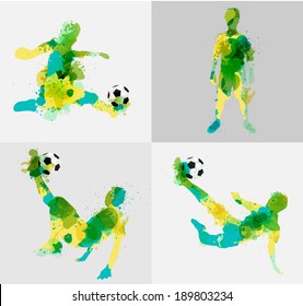 Soccer player kicks the ball with paint splatter design. Vector illustration modern design template