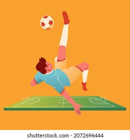 a soccer player kicks the ball in a somersault, soccer field look small in the background