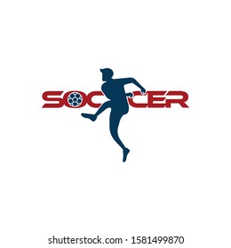 Soccer player kicks the ball. Sport Vector illustration with the soccer text and with soccer player below. Soccer logo, icon, mobile, website design template isolated on white background.