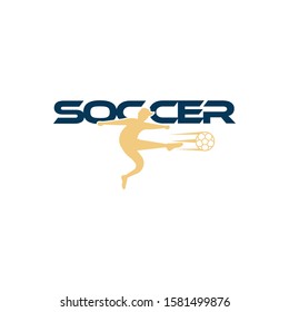 Soccer player kicks the ball. Sport Vector illustration with the soccer text and with soccer player below. Soccer logo, icon, mobile, website design template isolated on white background.