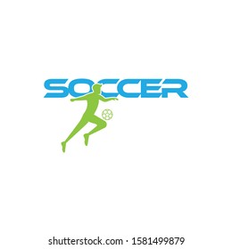 Soccer player kicks the ball. Sport Vector illustration with the soccer text and with soccer player below. Soccer logo, icon, mobile, website design template isolated on white background.