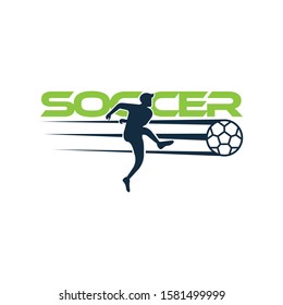 Soccer player kicks the ball. Sport Vector illustration with the soccer text and with soccer player below. Soccer logo, icon, mobile, website design template isolated on white background.