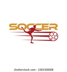 Soccer player kicks the ball. Sport Vector illustration with the soccer text and with soccer player below. Soccer logo, icon, mobile, website design template isolated on white background.