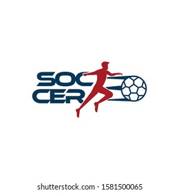 Soccer player kicks the ball. Sport Vector illustration with the soccer text and with soccer player below. Soccer logo, icon, mobile, website design template isolated on white background.