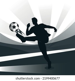 Un jugador de fútbol patea la pelota en las ilustraciones de silueta del estadio de fútbol