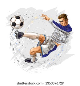 Soccer player kicks the ball. Vector illustration.