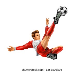 Soccer player kicks the ball. Vector realistic illustration of paints
