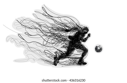 Soccer player kicks the ball. Vector illustration. Original graphic. Lines