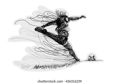 Soccer player kicks the ball. Vector illustration. Original graphic. Lines
