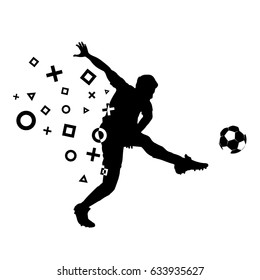 Soccer player kicks the ball. Vector illustration. Silhouette of a football player who breaks into particles