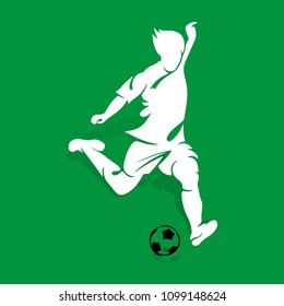 Soccer player kicks on the ball, white silhouette on a green background, vector