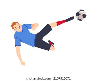 Soccer player making nice kick. Young sporsman kicks ball, scores goal in flat vector illustration isolated on white background. Dynamic football teen player in socks, sneakers and shirt
