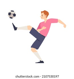 Soccer player male cartoon character kicking ball, flat vector illustration isolated on white background. Young man sportsmen of soccer or football team.