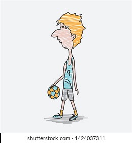 Soccer Player Male, Footballer cartoon character vector, hand drawn style, doodle design illustrations, cute man, brush stroke, flat design, people walking