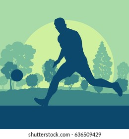 Soccer player man in field vector background landscape with trees