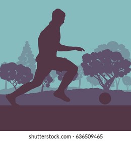 Soccer player man in field vector background landscape with trees