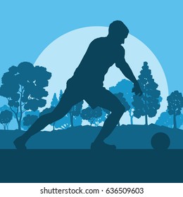 Soccer player man in field vector background landscape with trees