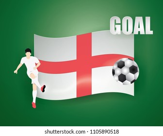 Soccer player man isolated Kick the Football on ENGLAND flag background,Sports Concept,vector and illustration.