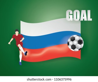 Soccer player man isolated Kick the Football on  RUSSIA flag background,Sports Concept,vector and illustration.